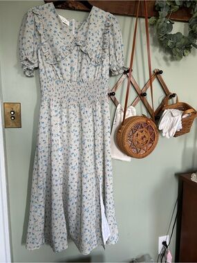 Ditsy Blue Floral Smocked Midi Dress with Ruffle Collar